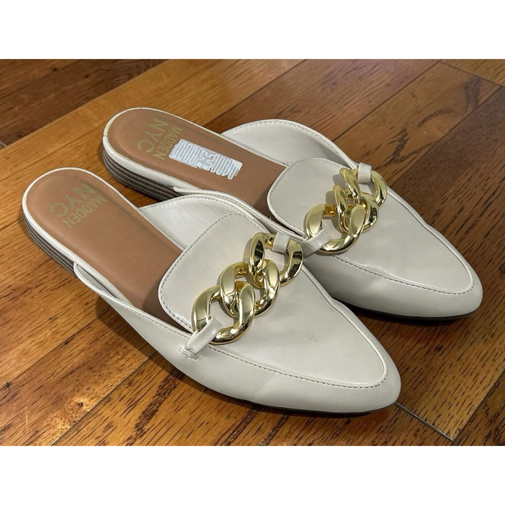 Madden NYC Almond Toe Mules Gold Tone Chain Sz 8 Slip On Padded Comfort Shoes